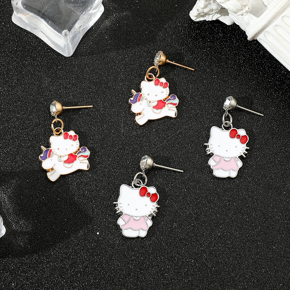 Creative Sanrio Cartoon Hello Kitty Earrings Fashion Rhinestone Earrings Cute Rainbow Unicorn Earrings Gifts