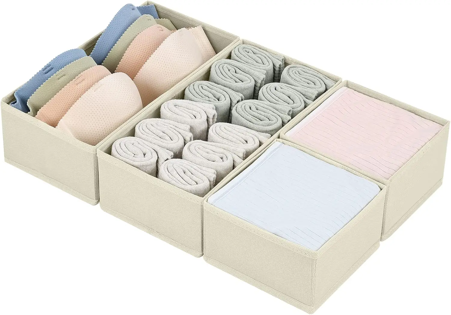 

4 Pack Fabric Drawer Organizers for Clothes, Underwear, Socks - Beige, Foldable Closet Storage Bins for Nursery, Bedroom