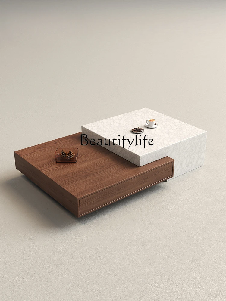 

Italian Style Light Luxury Cream Style Imitation Marble Tea Table Living Room Home Retractable Wood Grain Square Tea Table