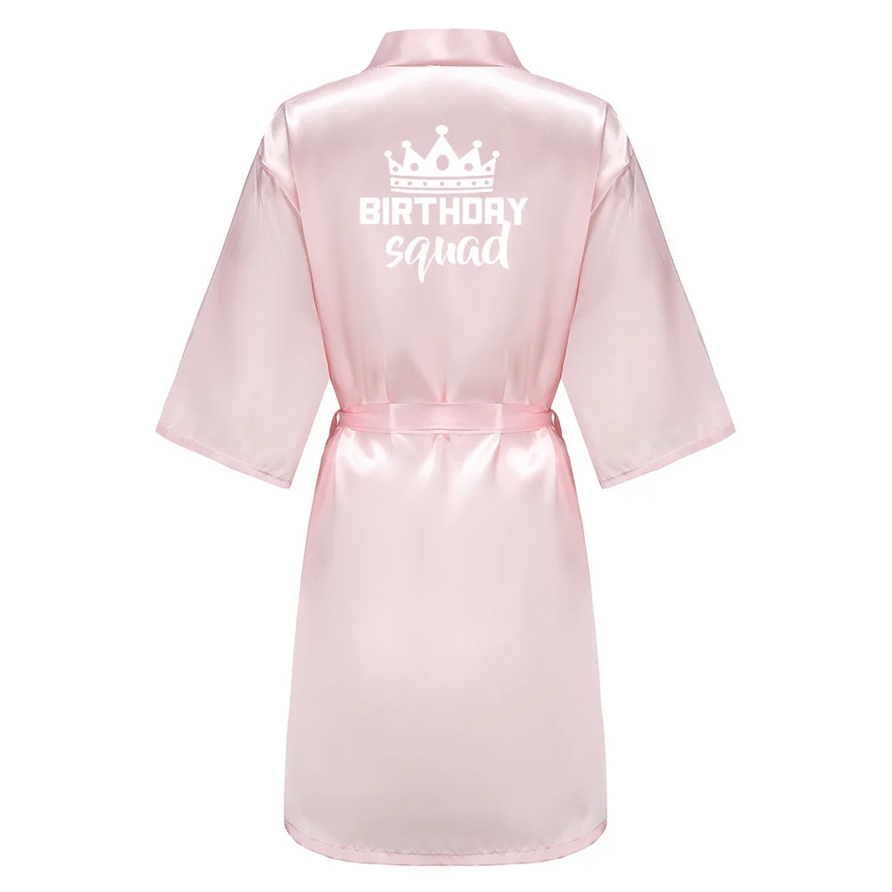 Birthday Party Queen Squad Robes Satin Pamas Dressing Gown White Writing Kimono Bathrobe