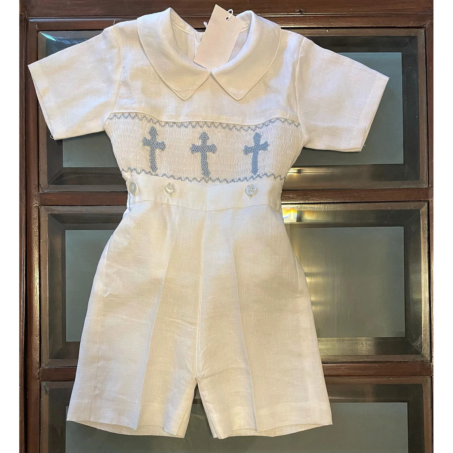 0-6Y Baby Boy Set Vintage Handmade Embroidery Blue White Smocked Suit Outfit For Birthday Party Photography A502