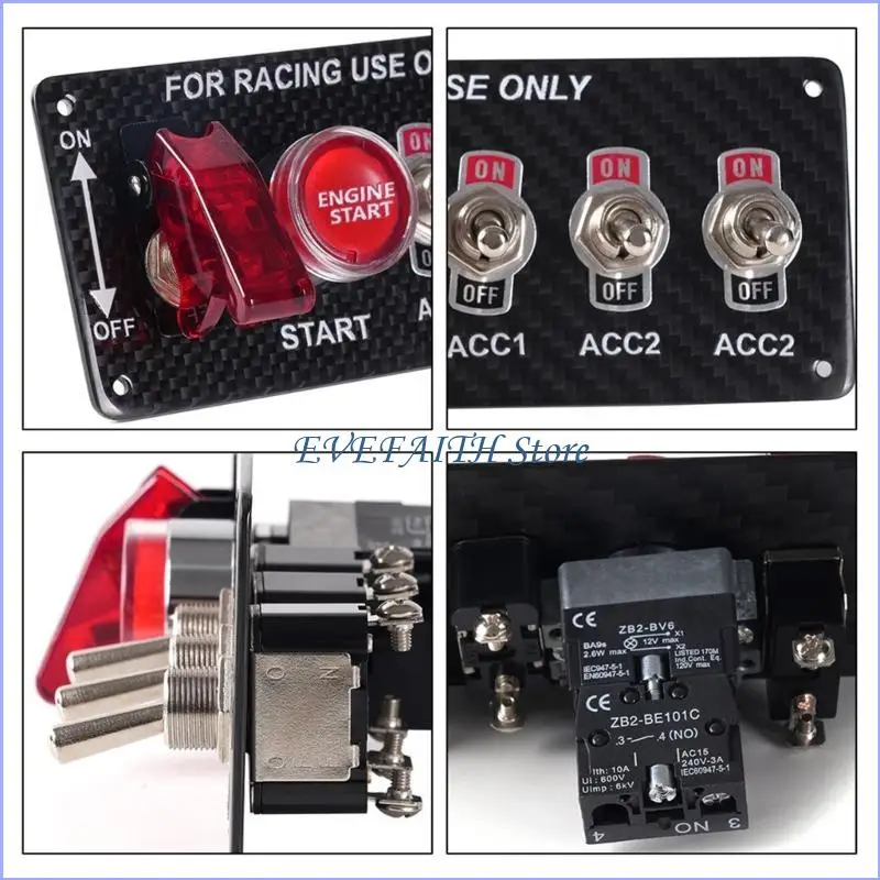 

124B LED Toggle Switch Ignition Starter Carbon Fiber Panel with Push Button for Truck