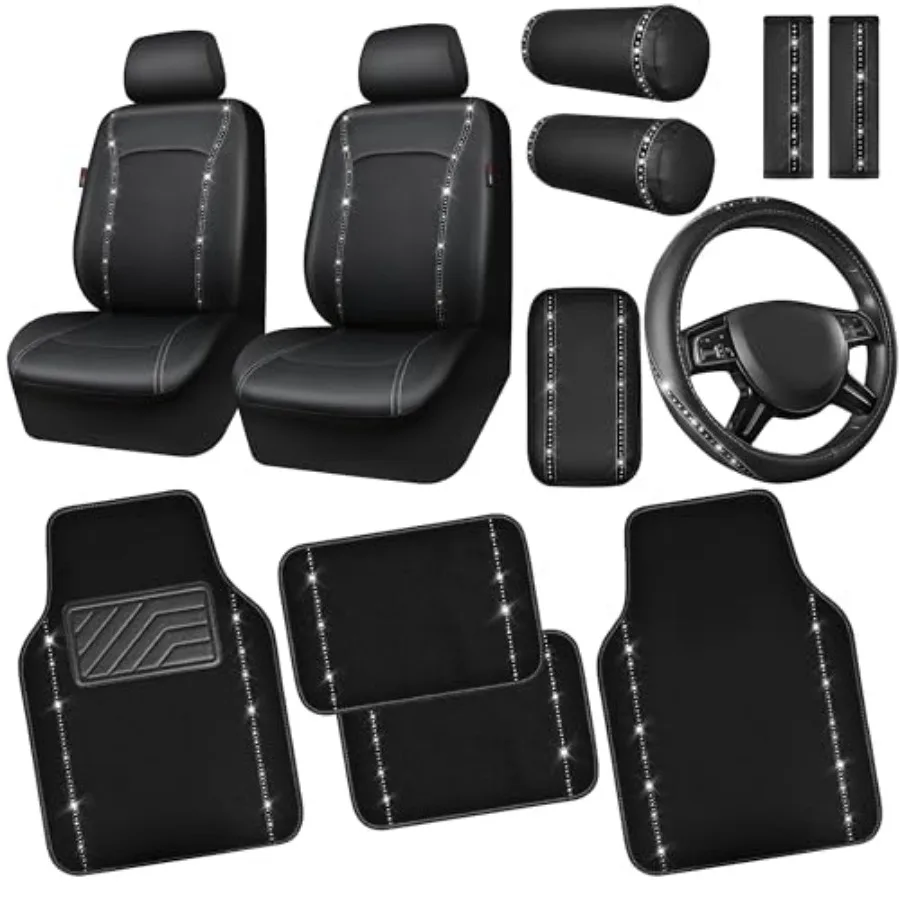 

14 PCS Bling Diamond Car Accessories Set for Women Leather Seat Covers Front Seats Sparkly Rhinestone 15'' Steering Wheel Cover