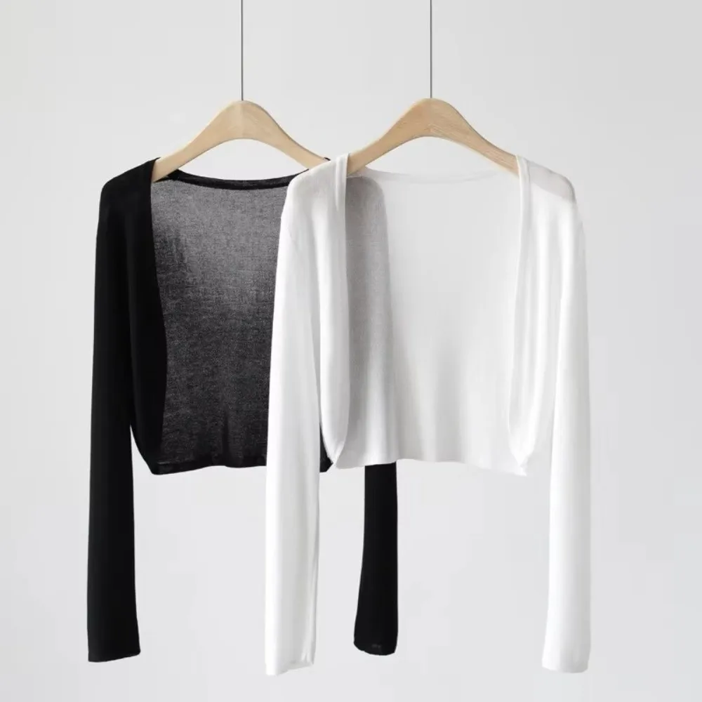 

Elegant Sun Protection Cardigan Coat Breathable Thin Knitted Ice Silk Shawl Short Length Knitted Cardigan Women