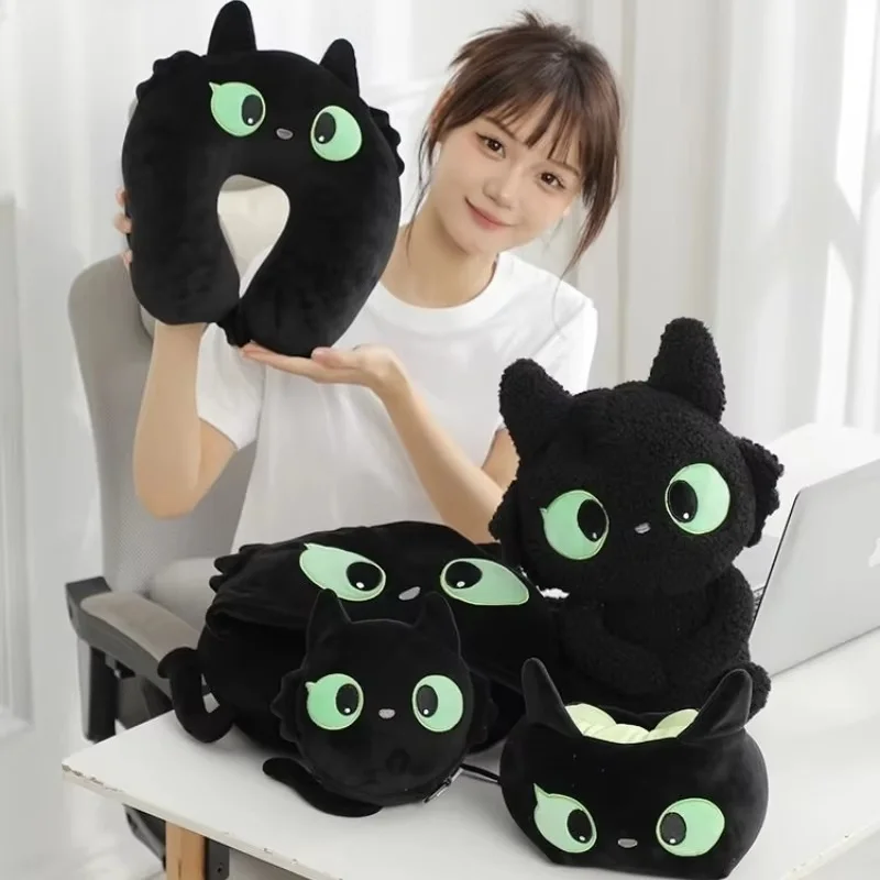 2024 New Cute Cartoon Black Cat U-shaped Pillow Particle Travel Car or Plane Office Nap with Hat Protection Neck Soft Pillow