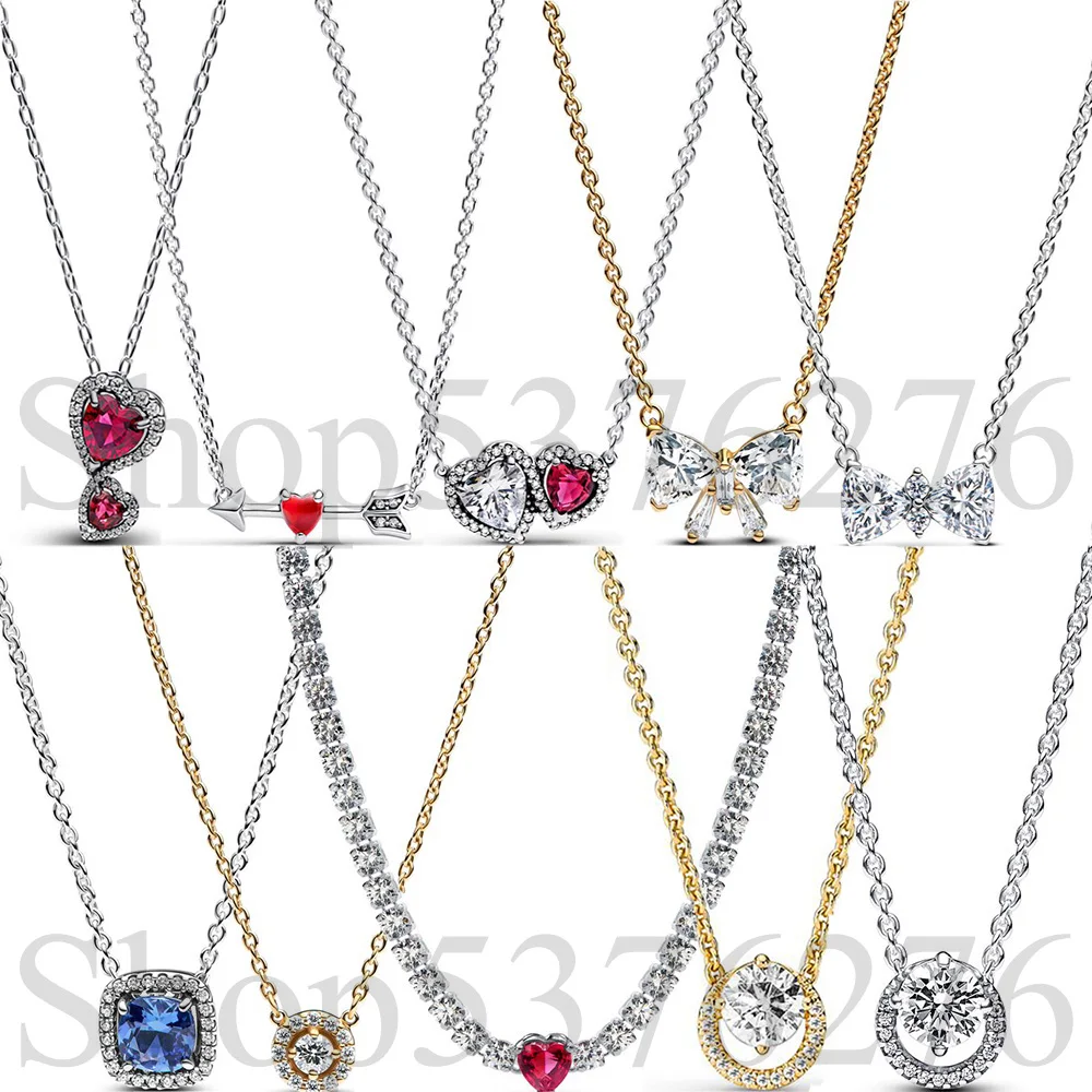 

925 Sterling Silver Pave Red Halo Heart Bow Square Round Arrow Fashion Pendant Necklace Fit Women Bead Charm Gift DIY Jewelry