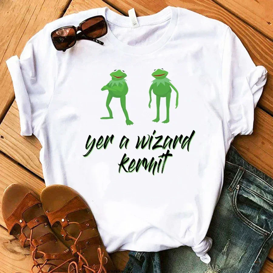 Yer A Wizard Kermit تي شيرت بأكمام قصيرة للسيدات ، توب برقبة دائرية ، طباعة مضحكة ، ملابس غير رسمية ، قميص أبيض ، كم قصير ، شحن مجاني