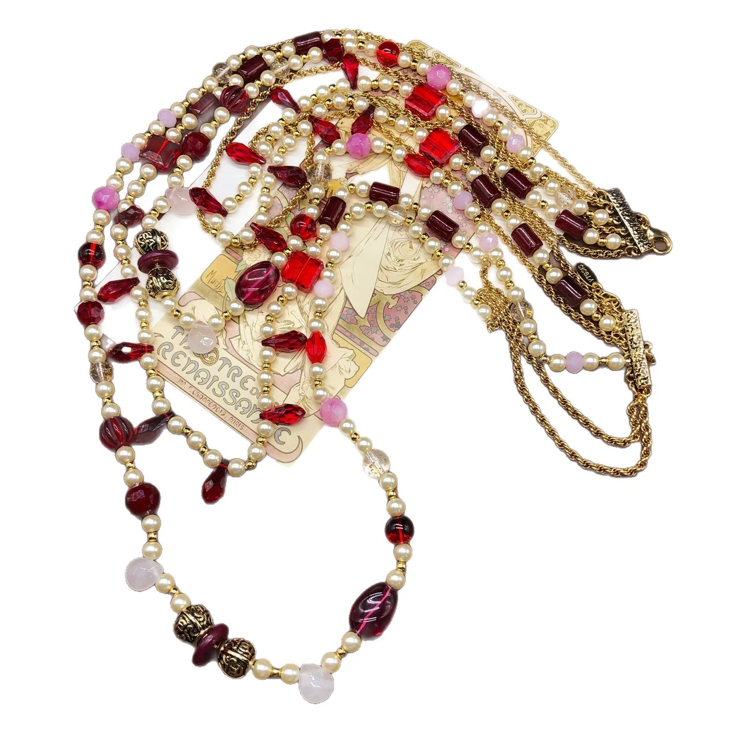 Palace style red oval crystal pendant necklace retro luxury pearl chain accessories