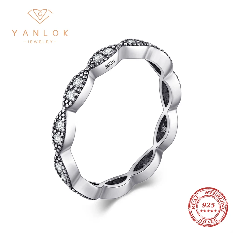 YANLOK New Sale Genuine 925 Sterling Silver Leaves Stackable Ring Clear Cubic Zirconia Compatible with Original Jewelry