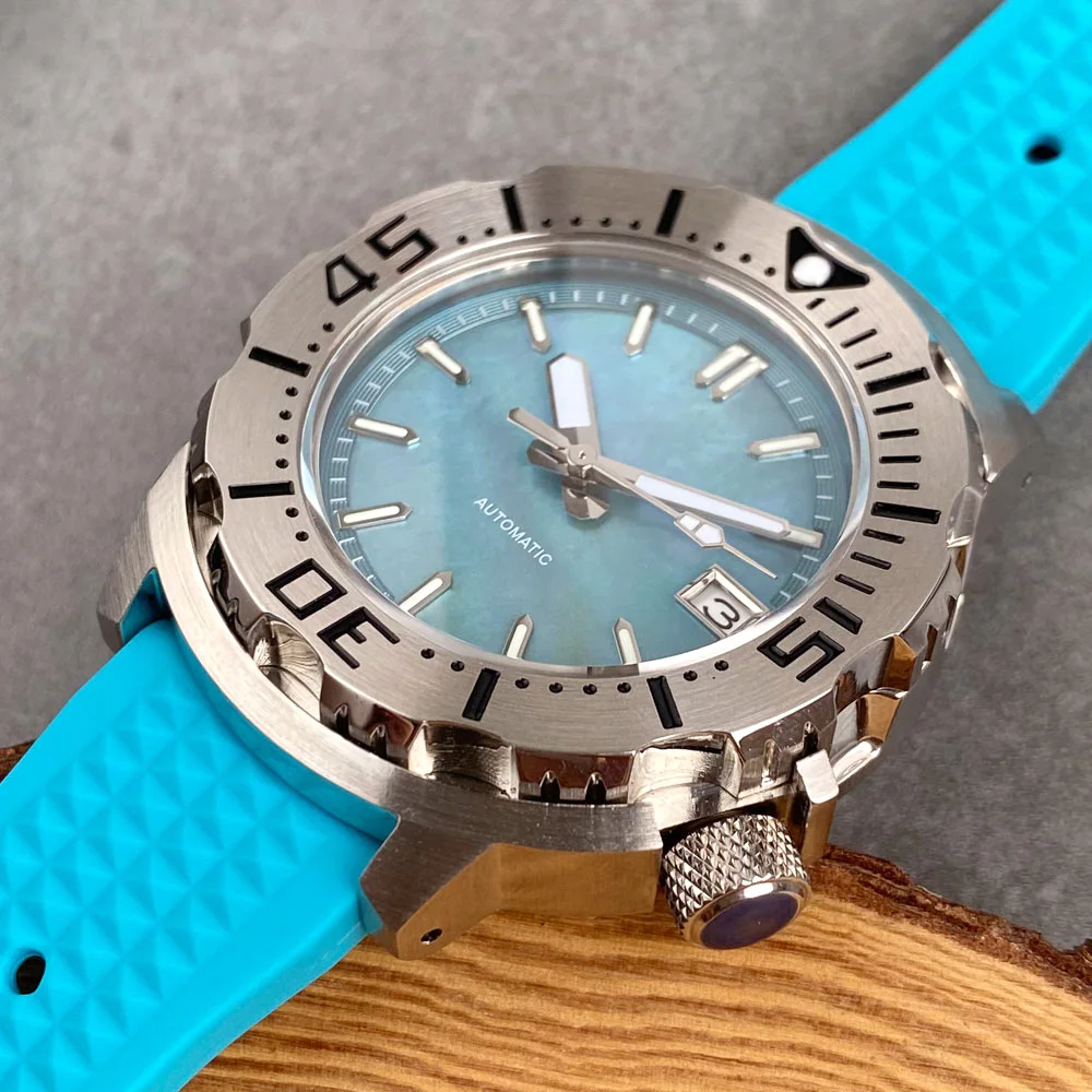 Tandorio Ocean Blue Mother of Pearl MOP Shell Dial 42mm Dive Monster Automatic Men Watch NH35 200m Waterproof AR Coated Sapphire