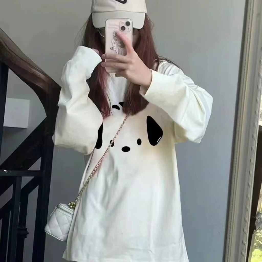 เสื้อยืดแขนยาวผู้หญิงคาวาอิสไตล์ญี่ปุ่นเสื้อผ้าฝ้ายรัฟเฟิลเฮ็มสลิมฟิตผ่อนคลายพอดีเย็บปะติดปะต่อลูกไม้ฤดูใบไม้ร่วงทุกวัน