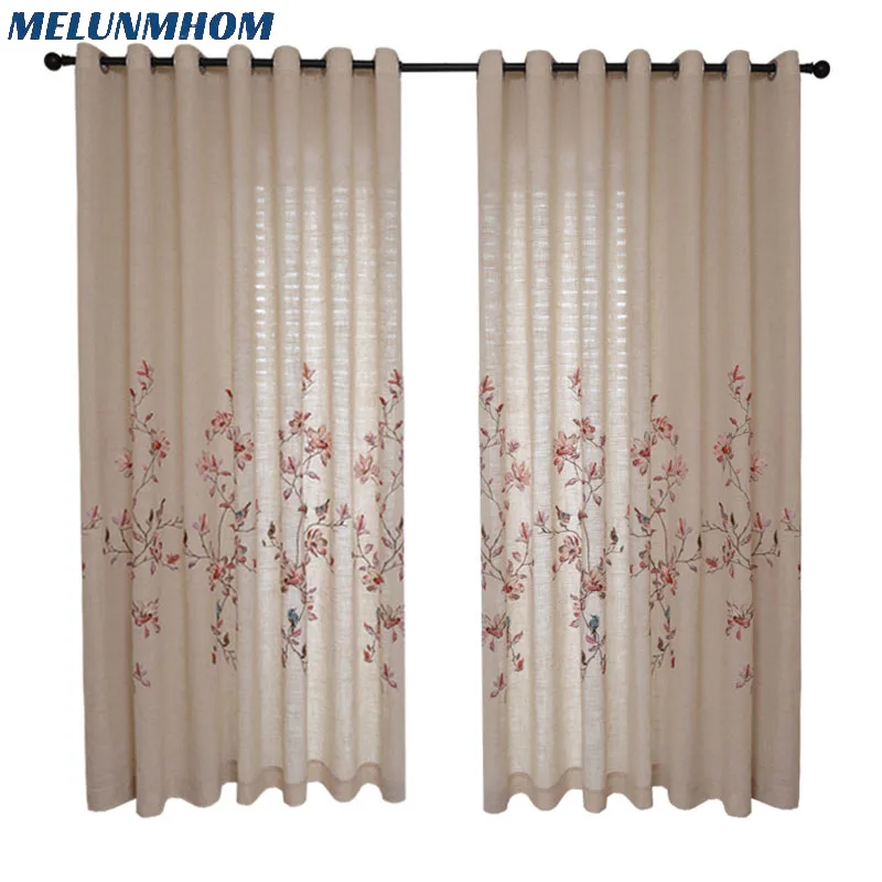 Cotton Hemp Embroidered Flowers Bird Design Shade Curtains in Bedroom White Tulle Sheer Window Drapes For Living Room