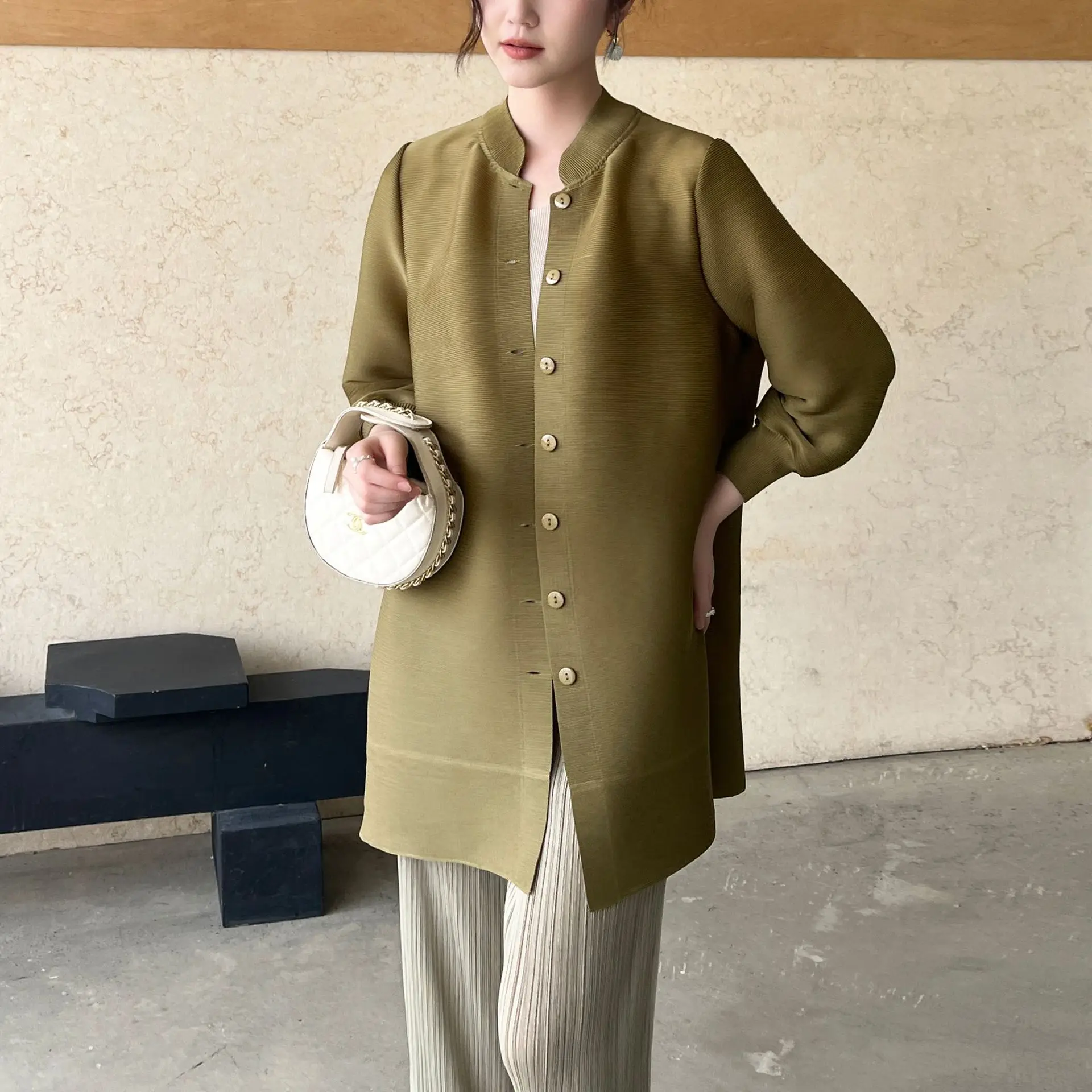 Miyake Fold 2025 Autumn Spring New High End Fold Fashion Casual Style Pleat Long Sleeve Large Loose Pleated Medium Length Coat