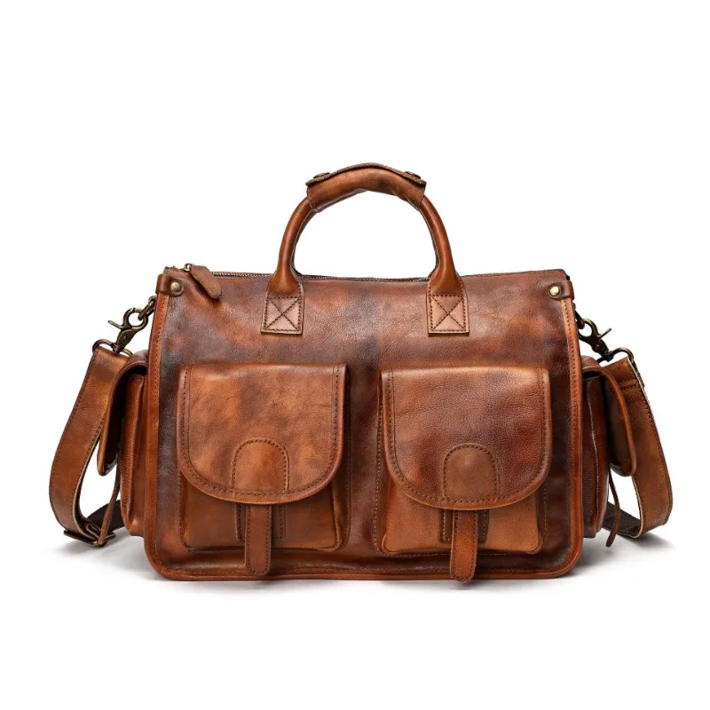 

Waterproof Cowhide Messenger Business Hand Travel Bag Abrasive Leather Men's Fitness Duffel Bag Leather Crossbody Shoulder Bag