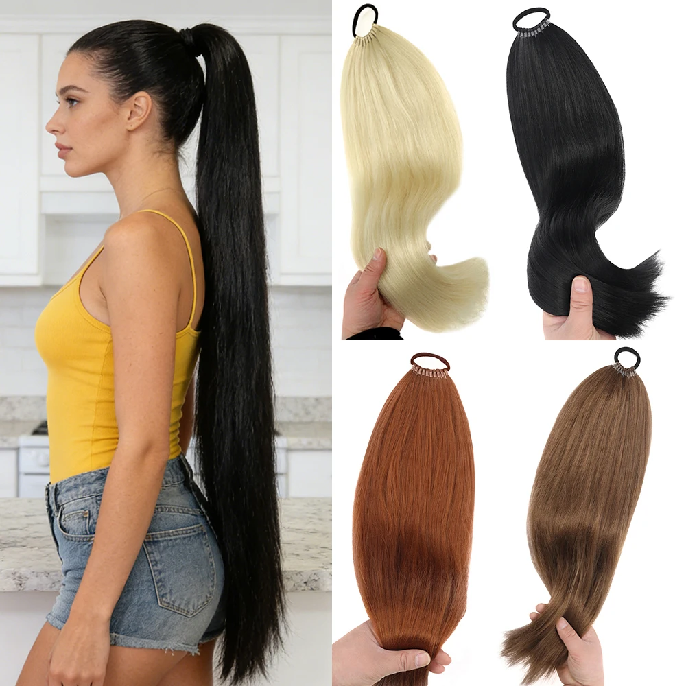 

24-дюймовый прямой синтетический хвост на резинке, термостойкий, с обмоткой вокруг, для женщин