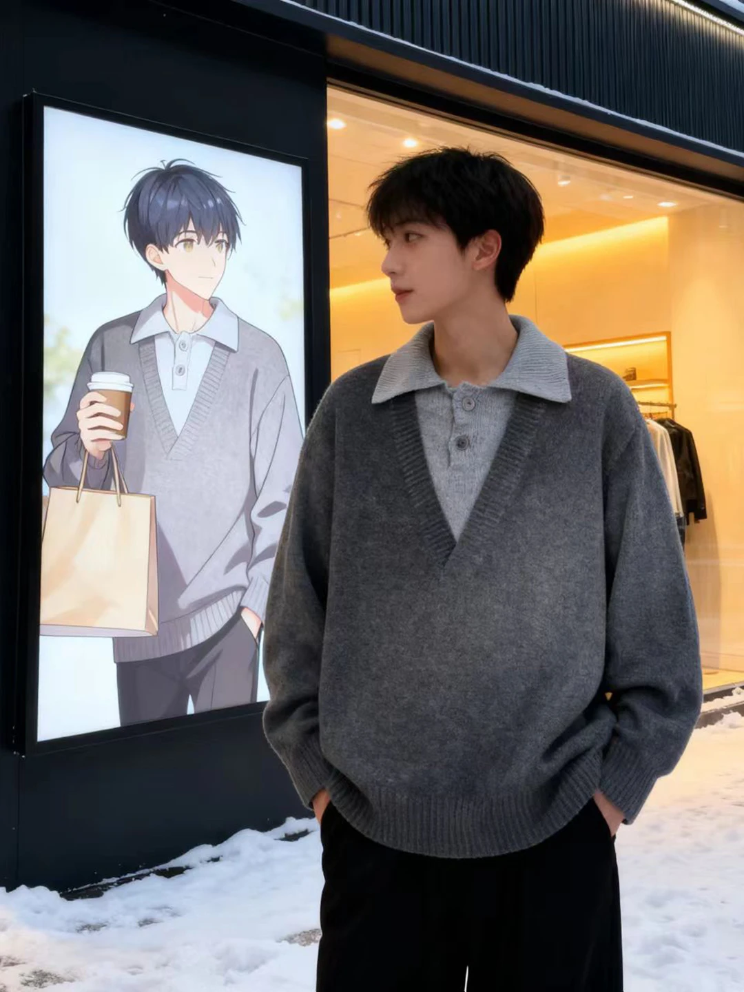 

Мужская зимняя трикотажная кофта Deep ey American Sle V-Ne Knitwear с эффектом двухслойности, базовый слой Cleanfit, вязаная рубашка