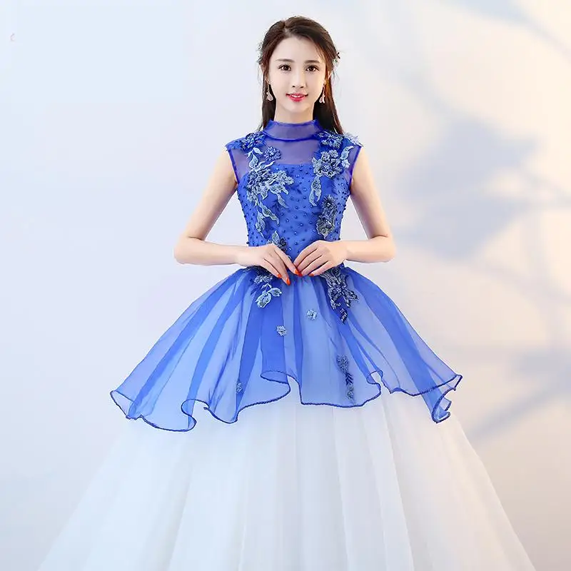 

New Blue Tiered Quinceanera Dresses Elegant High Neck Sleeveless Ball Gown Flower Women Lace Floral Vestido De Baile Plus Size