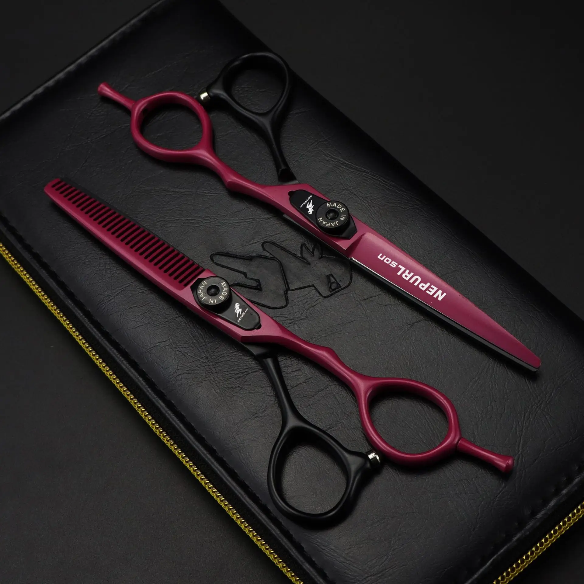 NEPURLSON 6.0-inch black and red hair scissors, high-end 440c steel hair scissors with flat cutting teeth