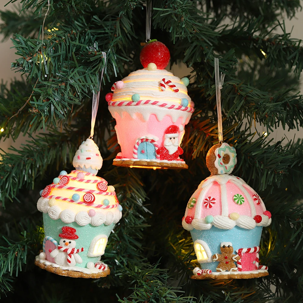 3 قطعة/المجموعة عيد الميلاد متوهجة لطيف بيت الحلوى زخرفة معكرون قبة الزنجبيل رجل سانتا كلوز ثلج منزل شجرة عيد الميلاد المعلقات