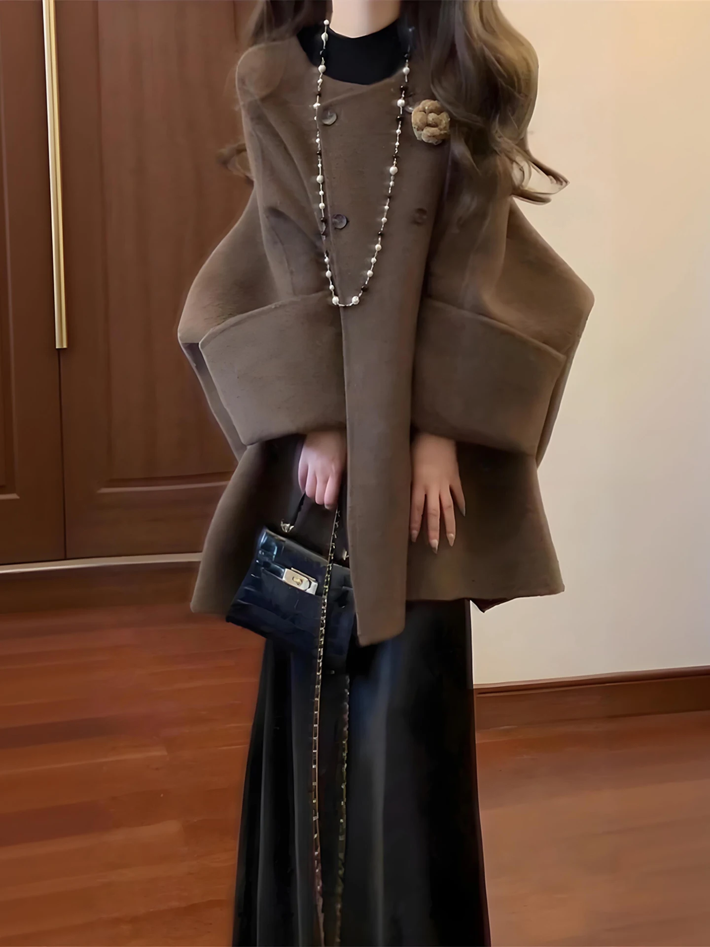 

Winter Faion plus Size Women's Coat And Skirt Set Tweed Cloak High Waist Skirt Ele Lady Sle Long Sve Button Closure