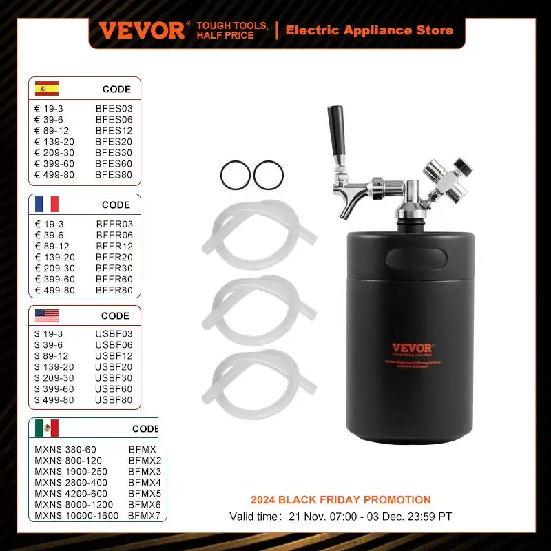 VEVOR Mini Barril de Cerveza Portátil 170oz 5L Mini Barril Presión Ajustable 0~30PSI de Acero Inoxidable Sistema de Grifo Aislado a Presión para Mantener Cerveza Carbonatada Fresca para Camping Pícnic