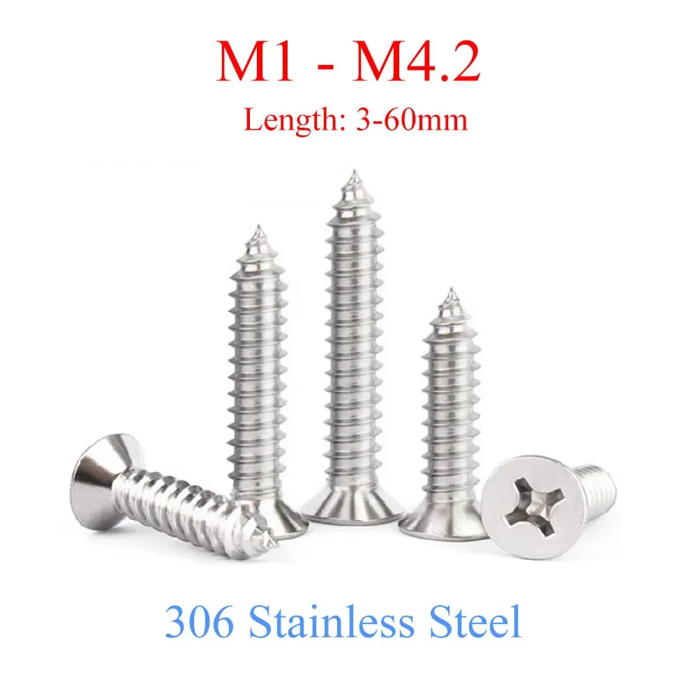 

50-200Pcs M1 M1.2 M1.4 M1.7 M2 M2.2 M2.6 3 M3.5 M4.2 Phillips Self-tapping Screw 306 Stainless Steel Flat Countersunk Head Bolts