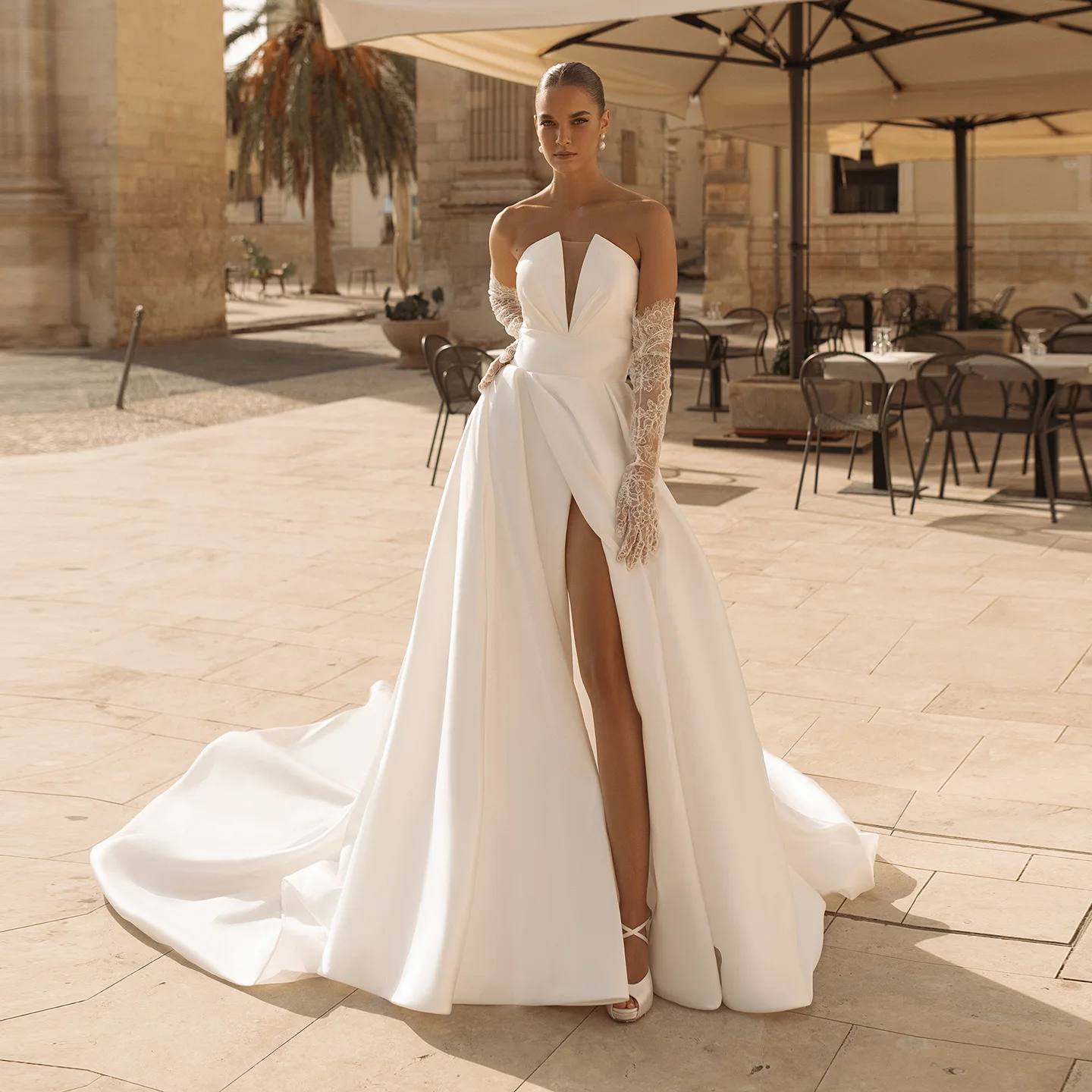 

Sharon Said 2025 Sexy Deep V-Neck Side Slit Off White Satin Wedding Dress With Pocket Long Gloves Bride Gowns SW285 Customized