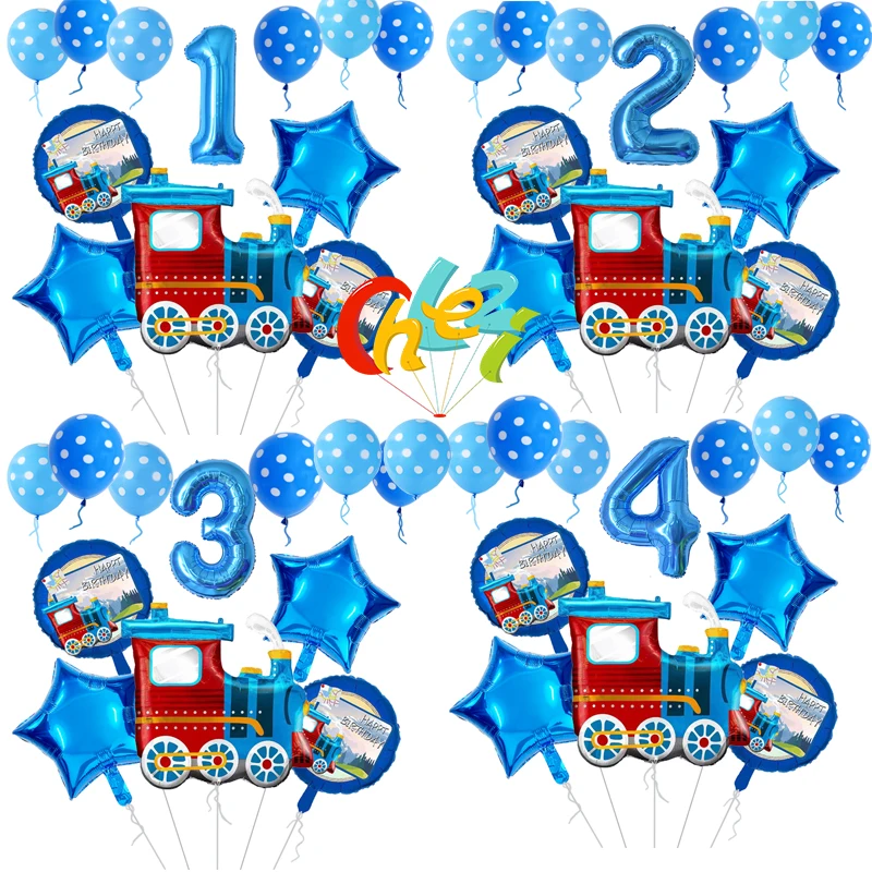 11pcs Train Traffic Foil Balloons Blue Steam Train Star Helium Ballon Kids Baby Shower 1-9 Year Birthday Party Decoration Globos