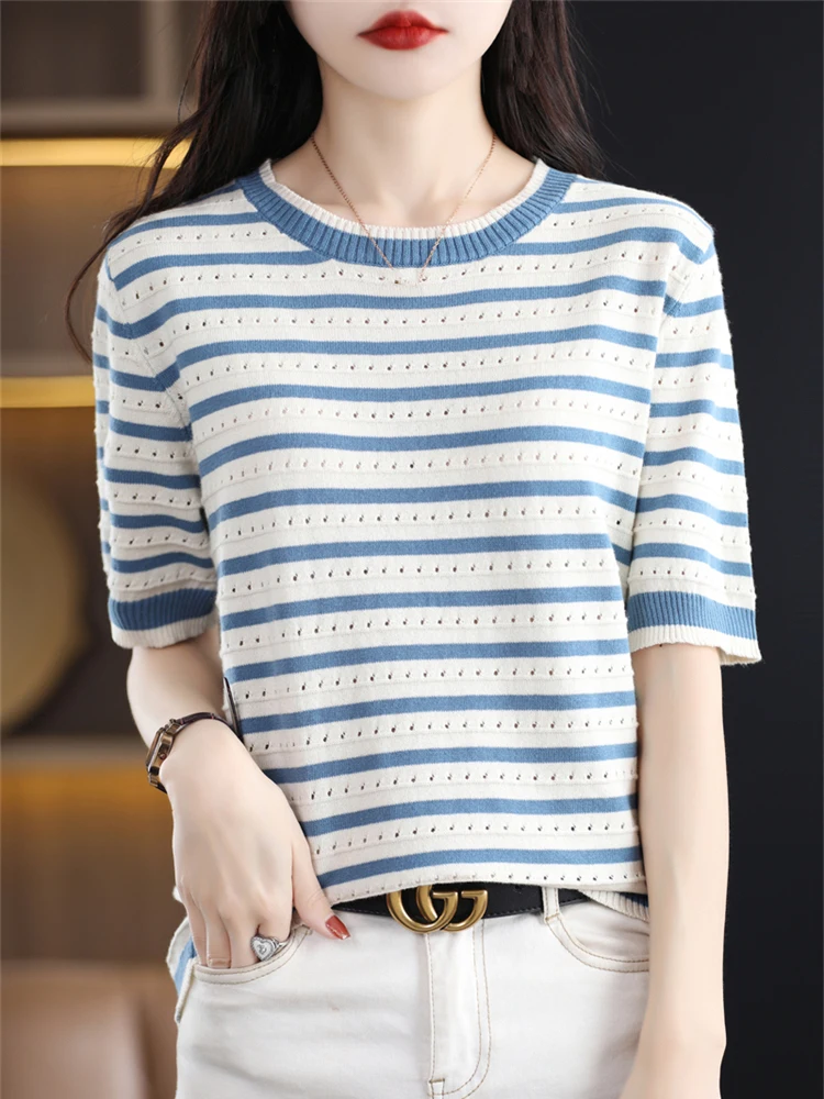 Women O-Neck Short Sleeve Sweater Blouse Striped Cotton Slim Casual Knitted Pullover Shirt Female All Match Tops Clothing