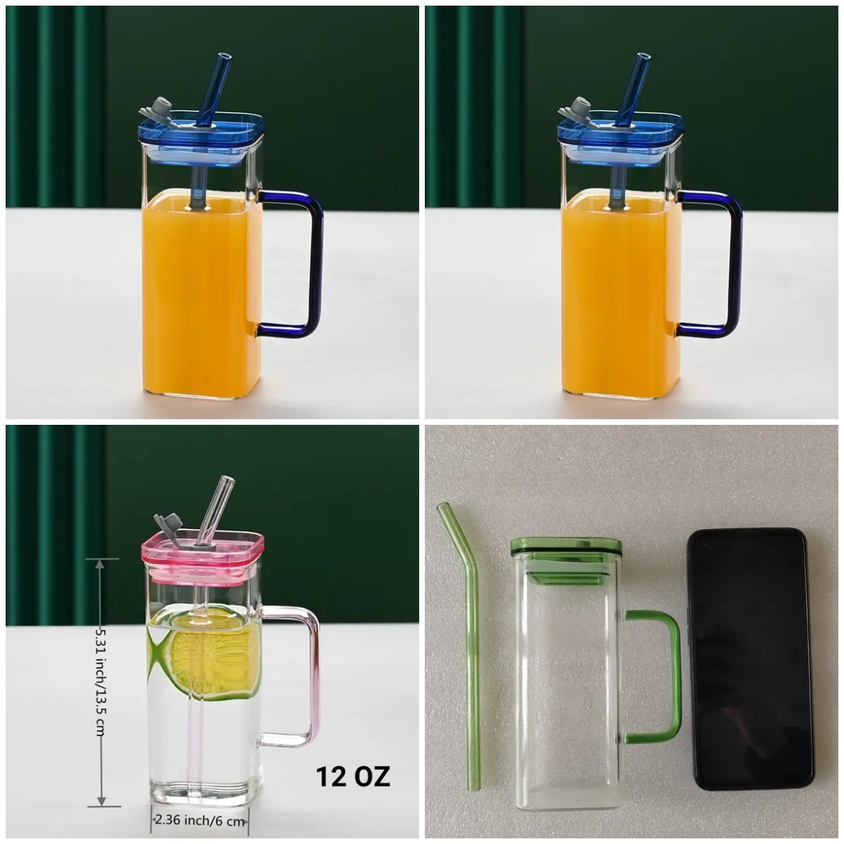 1 Pcs Blue Glass Cup, 6 Col Square, Borosilicate, with Stand & Lid, Coffee, Tea, Juice, Gift