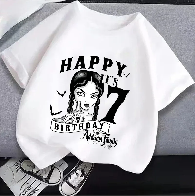 2024 Nuovo Mercoledì Adams Abbigliamento per bambini Anime Summer Girl Compleanno Numero T-shirt Cartoon Abbigliamento Top per bambini Regalo