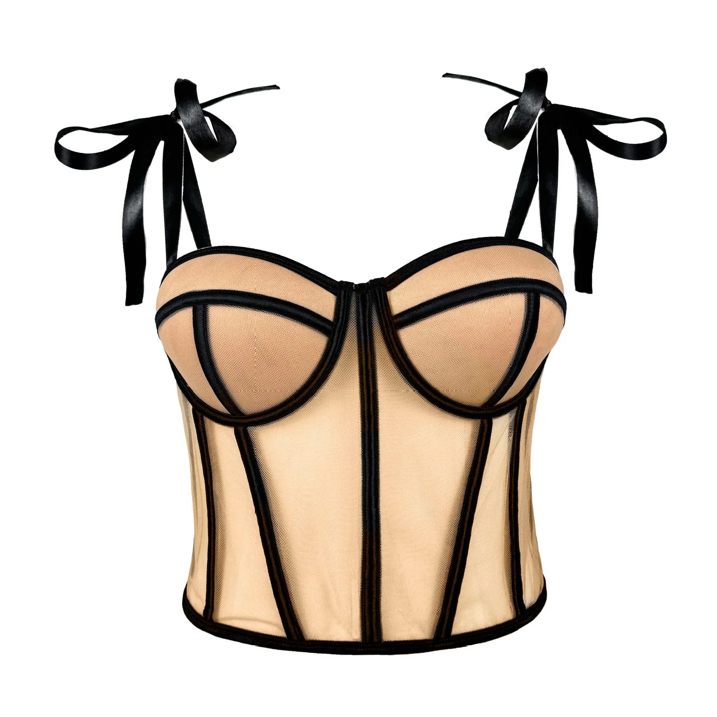 

Sheer Lace Corset Bustier Sexy Underbust Waist Trainer Push-up Underwire Bra Bow Tie Detail Removable Shoulder Straps Lingerie