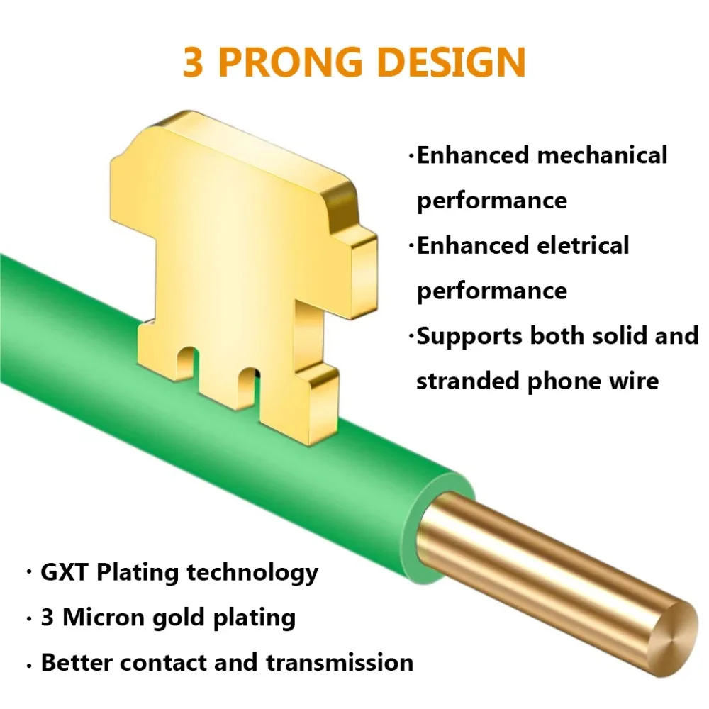 RJ11 4P4C/6P4C/6P6C Telephone Plug, 3μm Gold Plated 3-Prong Modular Connector, for Phone Line & Handset Cord, Solid/Stranded