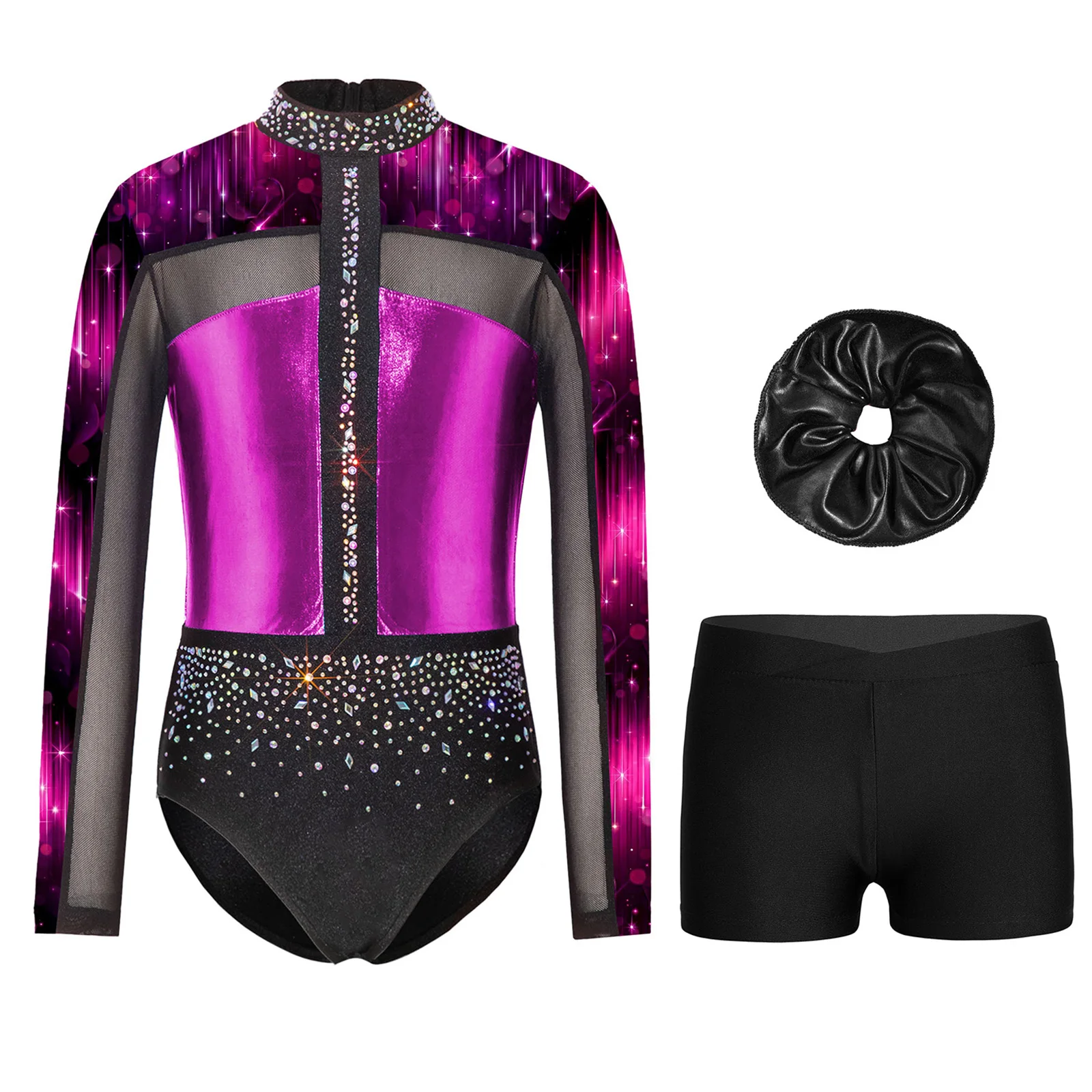 Kids Girls Gymnastics Dance Set 3 Piece Sparkly Rhinestone Patchwork Long Sleeve Ballet Dance Leotard with Shorts and Hairtie