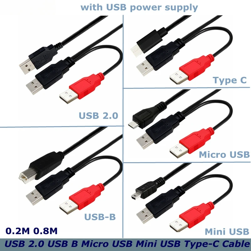 0.8m For Mobile Hard Disk Printer Y-type Data Cable Double Head USB-B USB 2.0 Micro Mini 5pin Type-c External USB Power Supply