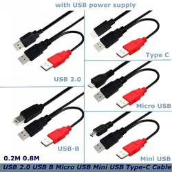 0.8m For Mobile Hard Disk Printer Y-type Data Cable Double Head USB-B USB 2.0 Micro Mini 5pin Type-c External USB Power Supply