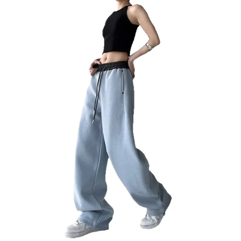 المرأة مرونة الخصر واسعة الساق السراويل عالية الخصر فضفاضة تناسب السراويل المرقعة الشارع نمط عارضة الأزياء #4