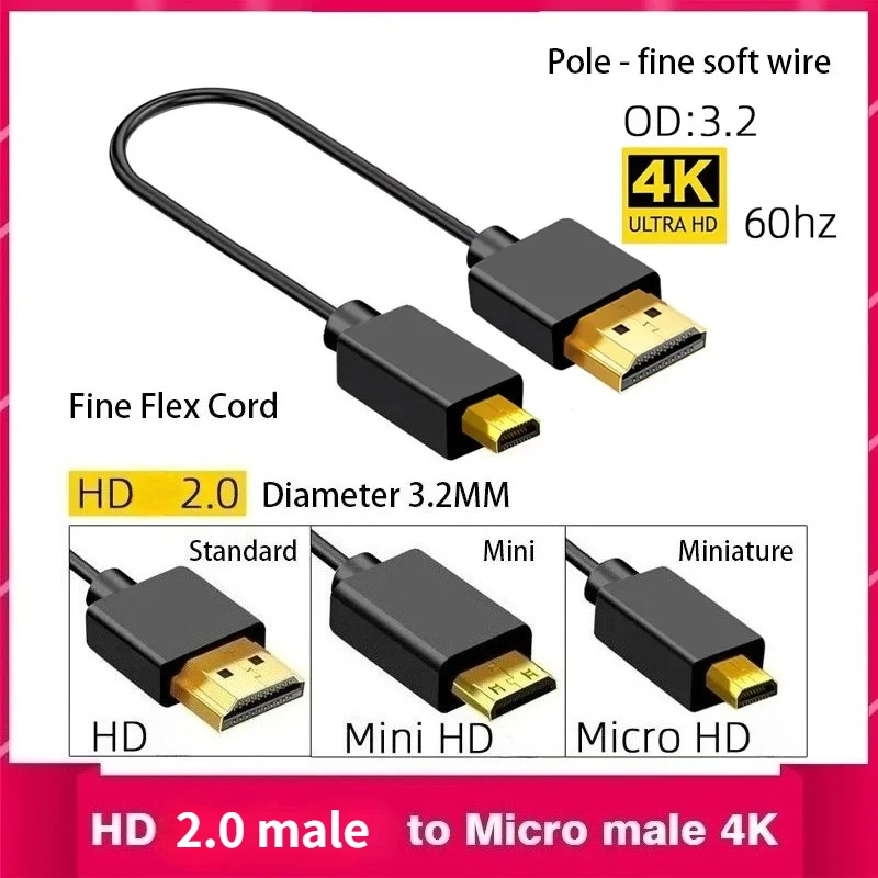 Kabel elastyczny HDTV & Mini-HD & Micro-HD 2.0 wersja 4K 60P do monitora HDTV 4K HD, cienki, miękki, krótki kabel do kamery, średnica zewnętrzna 3,2 mm, długość 20 cm, 30 cm, 50 cm — zdjęcie produktu 2