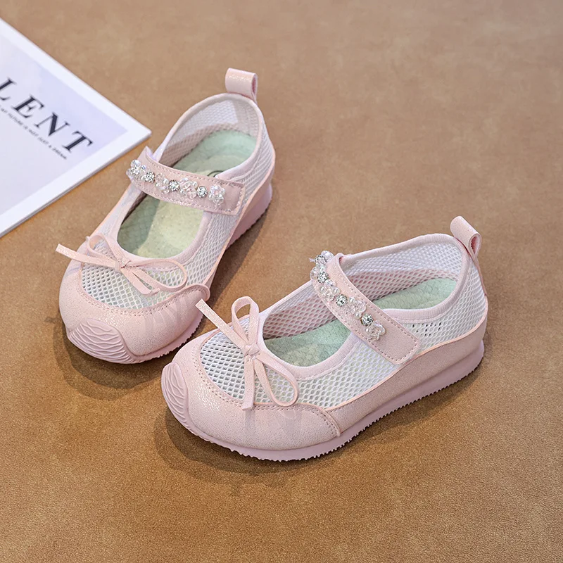 

Children's Patchwork Sandals Summer Fashion Rhinestone Bow Girls Mesh Running Shoes Casual Breathable Kids School Sports Shoes