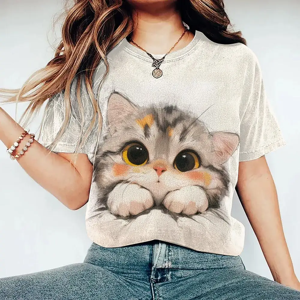 Casual Short Sleeve Tee Fashion Streetwear Cute Girl Female Oversized Clothing Women's T Shirt Cartoon Cat Pattern Print