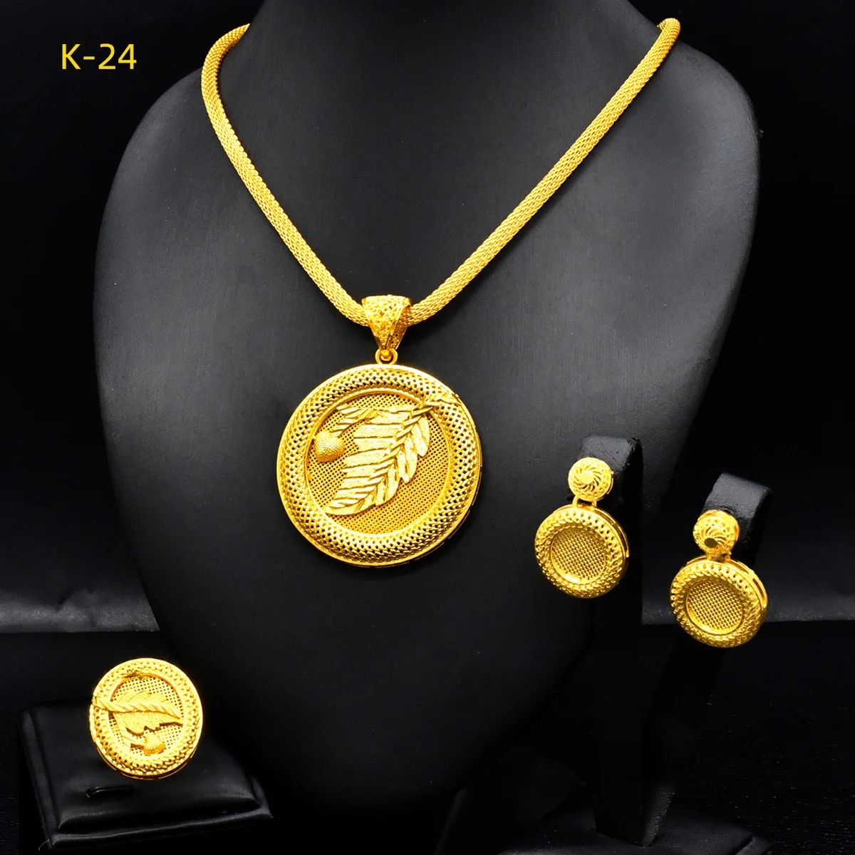 Simple Geometric Shape Necklace Earrings Ring Set Women's 24K Gold AU999 - Rich gold, clean lines, set fits various outfits