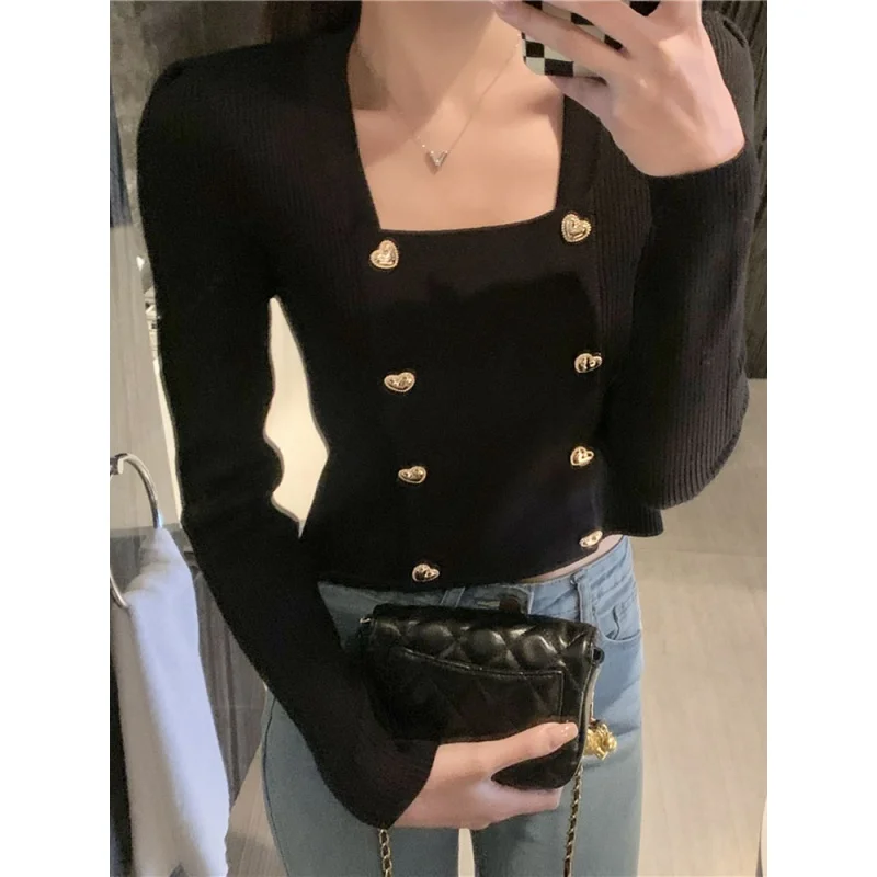 Autumn and Winter New Women's Korean-Style Square Collar Long Sleeve Love Double-Breasted Sweater Women's White T-shirt