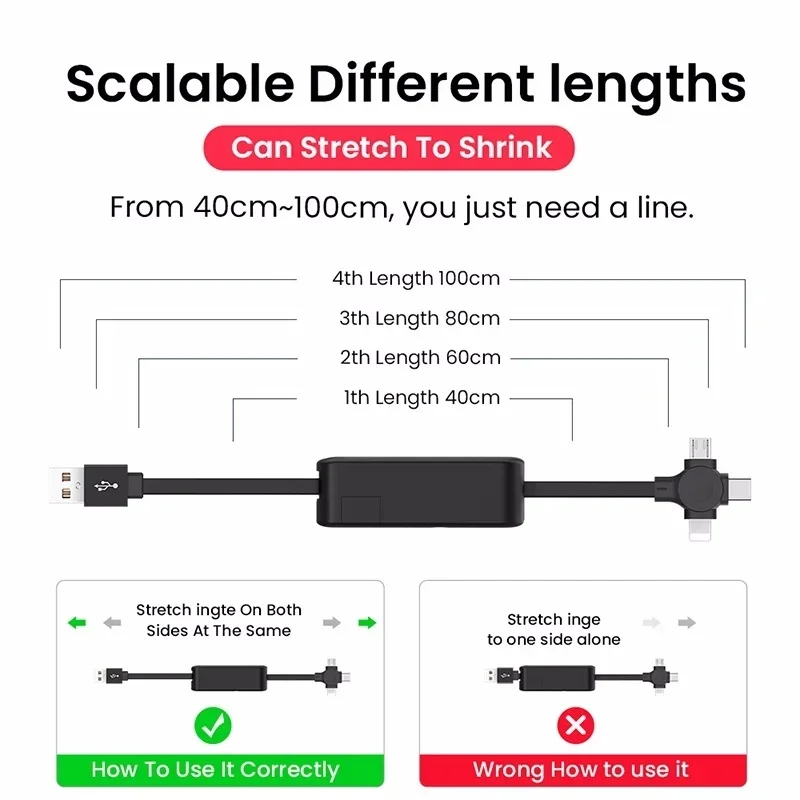 3 In 1 Portable Charge Cable Retractable for IOS & Type C & Micro USB 1M Multi-Function Mini Telescopic Cord Charging Cable