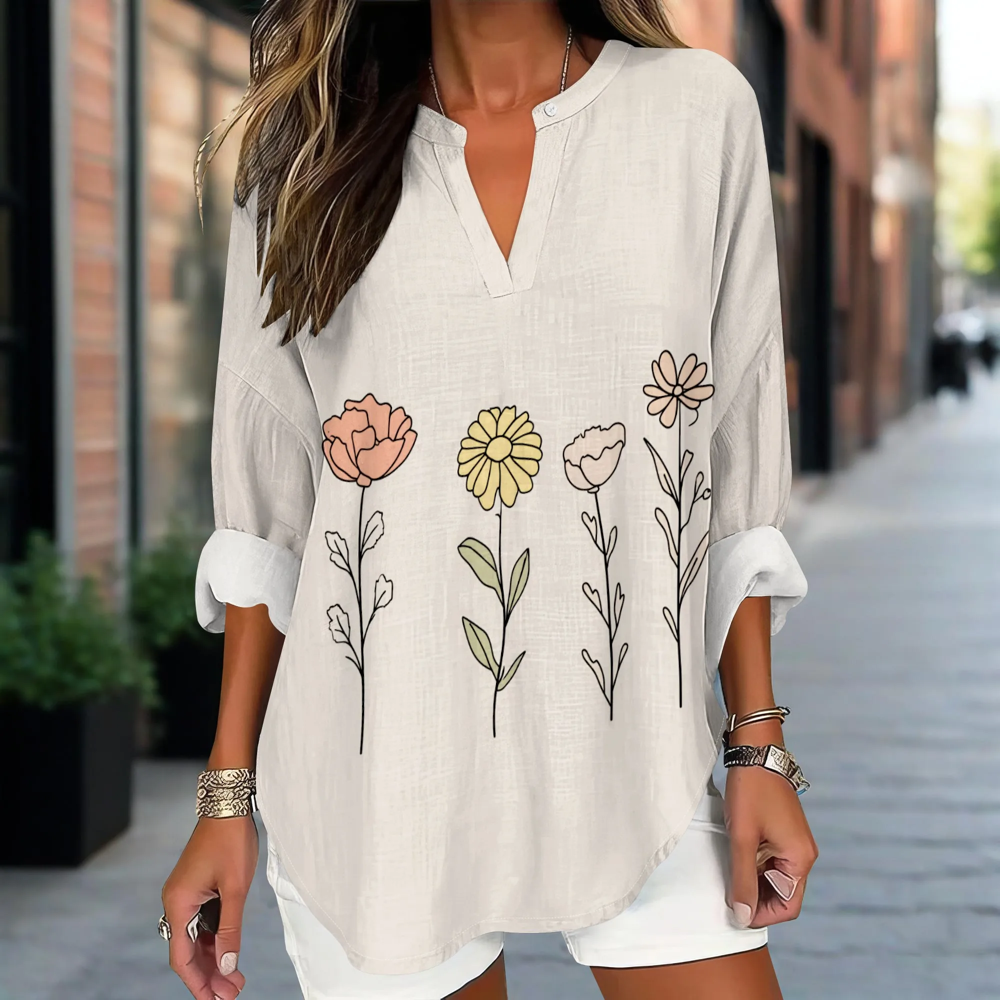 

Nupusa Beige Floral Print Top for Women Regular Size Summer Casual Notch Neck Long Sleeve Blouse