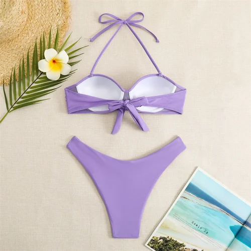 Imagen 2 del producto Bikini morado con espalda descubierta para mujer, traje de baño Bandeau con realce apilado, trajes de baño para vacaciones Y2K, trajes de baño bonitos para la playa