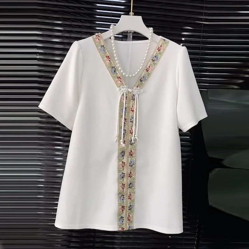 

Женская футболка больших размеров (до 300 фунтов), летняя, в стиле ретро, новая, в китайском национальном стиле, с V-образным вырезом, средней длины