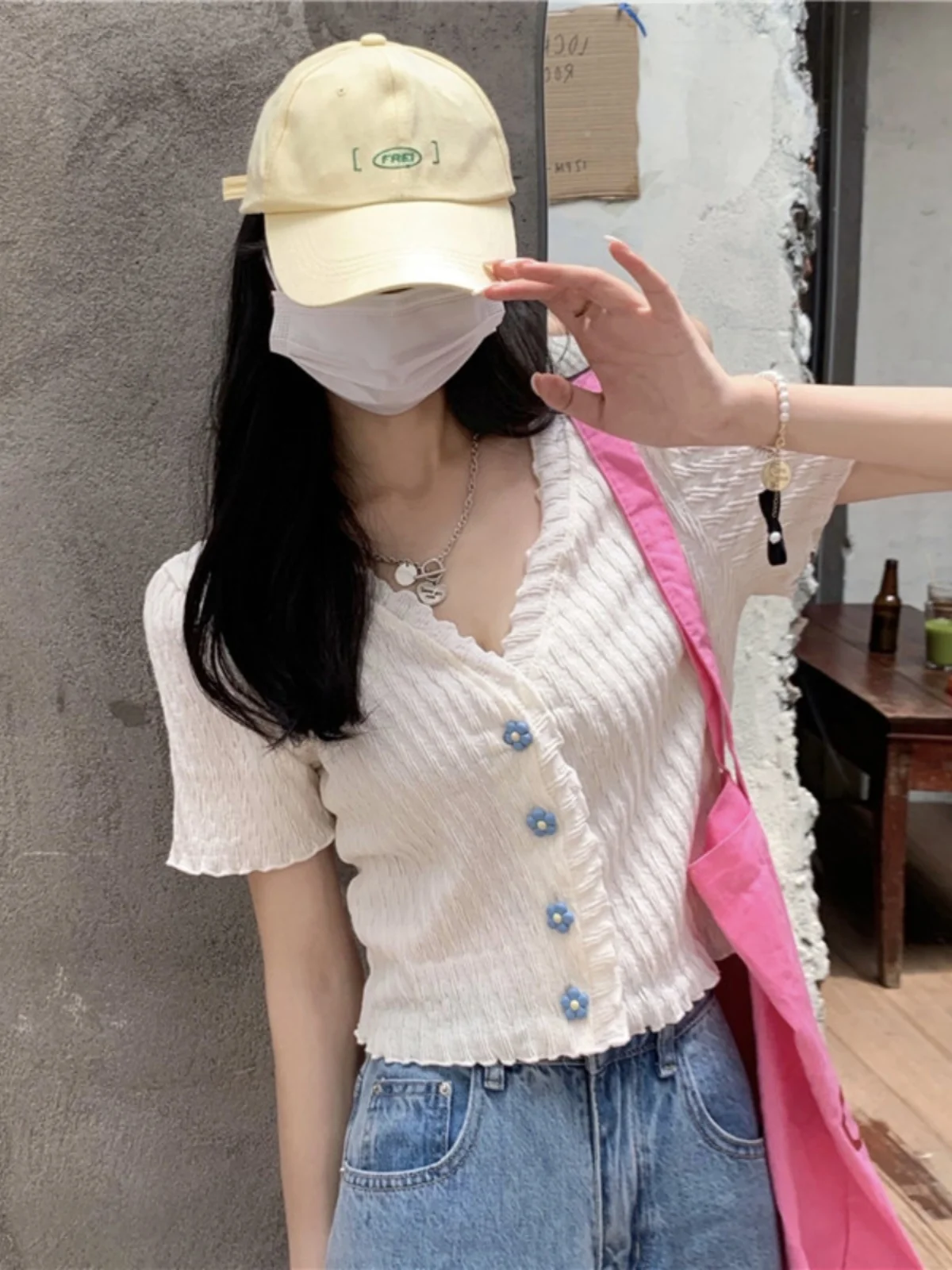 

Thin Knitted Top Women's ort Sve Bellovi Sle High Waist Crop Top Floral Pleated T-irt Sweet Japanese Sle Straight Cut