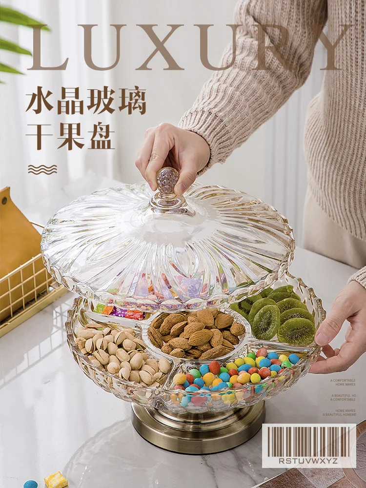 Crystal glass candy box European luxury family living room tea table dry fruit tray Divided snack tray storage box with cover