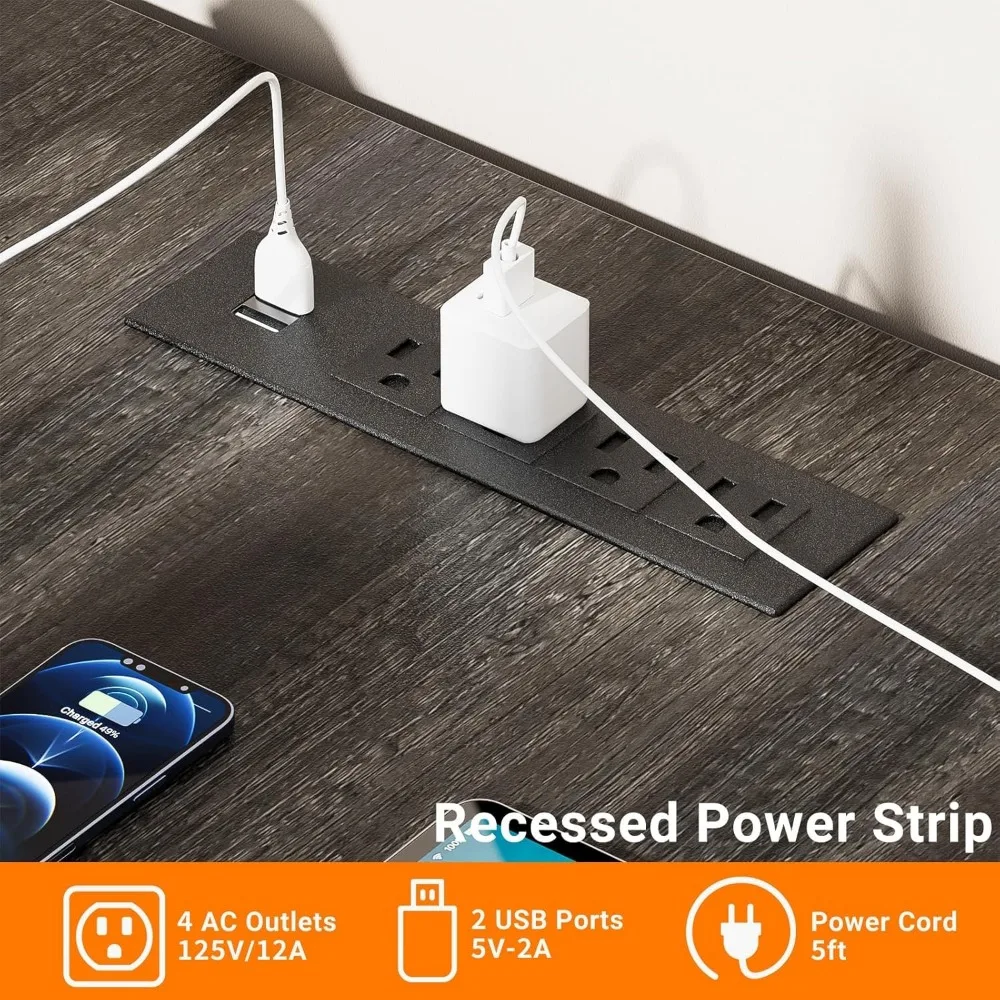 Mesa de computador em forma de L com gaveta, mesa de escritório elevatória com tomadas de energia e portas de carregamento USB