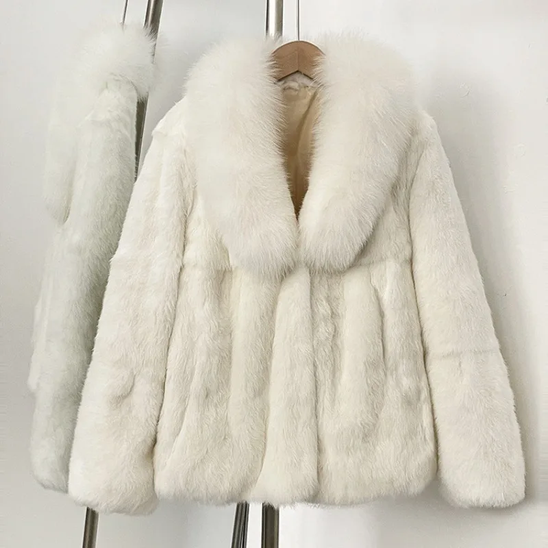 2026 Fashion Autumn Winter Rabbit Fur Coat Women Short Jacket Thicken Warm Big Fox Fur Collar Outerwear Streetwear Fur Overcoat
